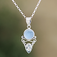 Chalcedony and blue topaz pendant necklace, 'Glacial'