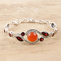 Carnelian and garnet pendant bracelet, 'Sunset Passion' - Artisan Crafted Carnelian and Garnet Pendant Bracelet