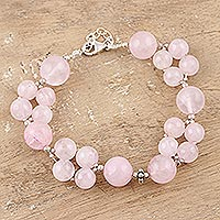 Rose quartz beaded bracelet, 'Rosy View' - Handmade Sterling Silver and Rose Quartz Beaded Bracelet