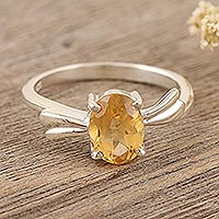 Citrine solitaire ring, 'Lemon Sparkle' - Handcrafted Citrine and Sterling Silver Solitaire Ring