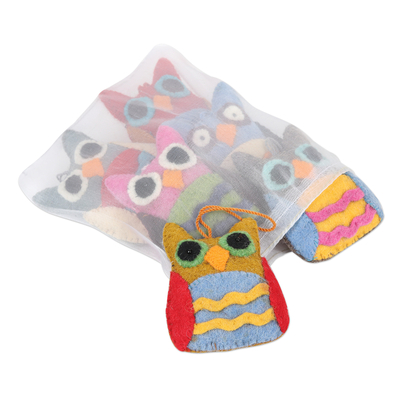 Wool felt ornaments, 'Magical Owls' (set of 6) - Multicoloured Felt Owl Ornaments (Set of 6)