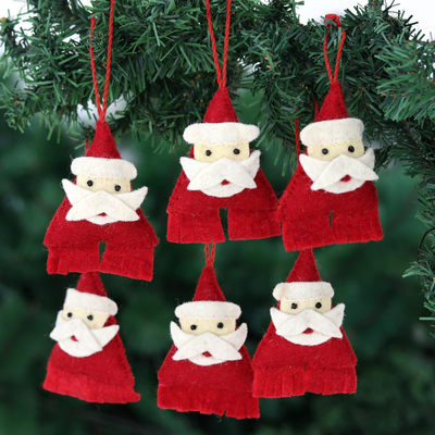 Wool felt ornaments, 'Santa's Coming' (set of 6) - Artisan Crafted Santa Ornaments (Set of 6)