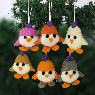 Wool felt ornaments, 'Birds in Hats' (set of 6) - Handmade Bird Ornaments (Set of 6)