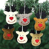 Wool felt ornaments, 'Cheerful Reindeer' (set of 6) - Artisan Crafted Reindeer Ornaments (Set of 6)