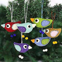 Wool felt ornaments, 'Colorful Birds' (set of 6)