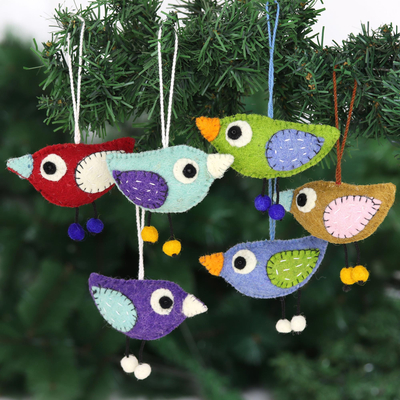 Wool felt ornaments, 'colourful Birds' (set of 6) - Handcrafted Bird Ornaments (Set of 6)
