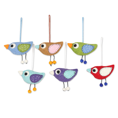 Wool felt ornaments, 'colourful Birds' (set of 6) - Handcrafted Bird Ornaments (Set of 6)