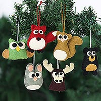 Wool felt ornaments, 'Woodland Friends' (set of 6) - Handcrafted Wool Ornaments (set of 6)