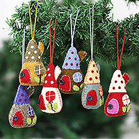 Wool felt ornaments, 'Holiday Homes' (set of 6) - Whimsical Felt House Ornaments (Set of 6)