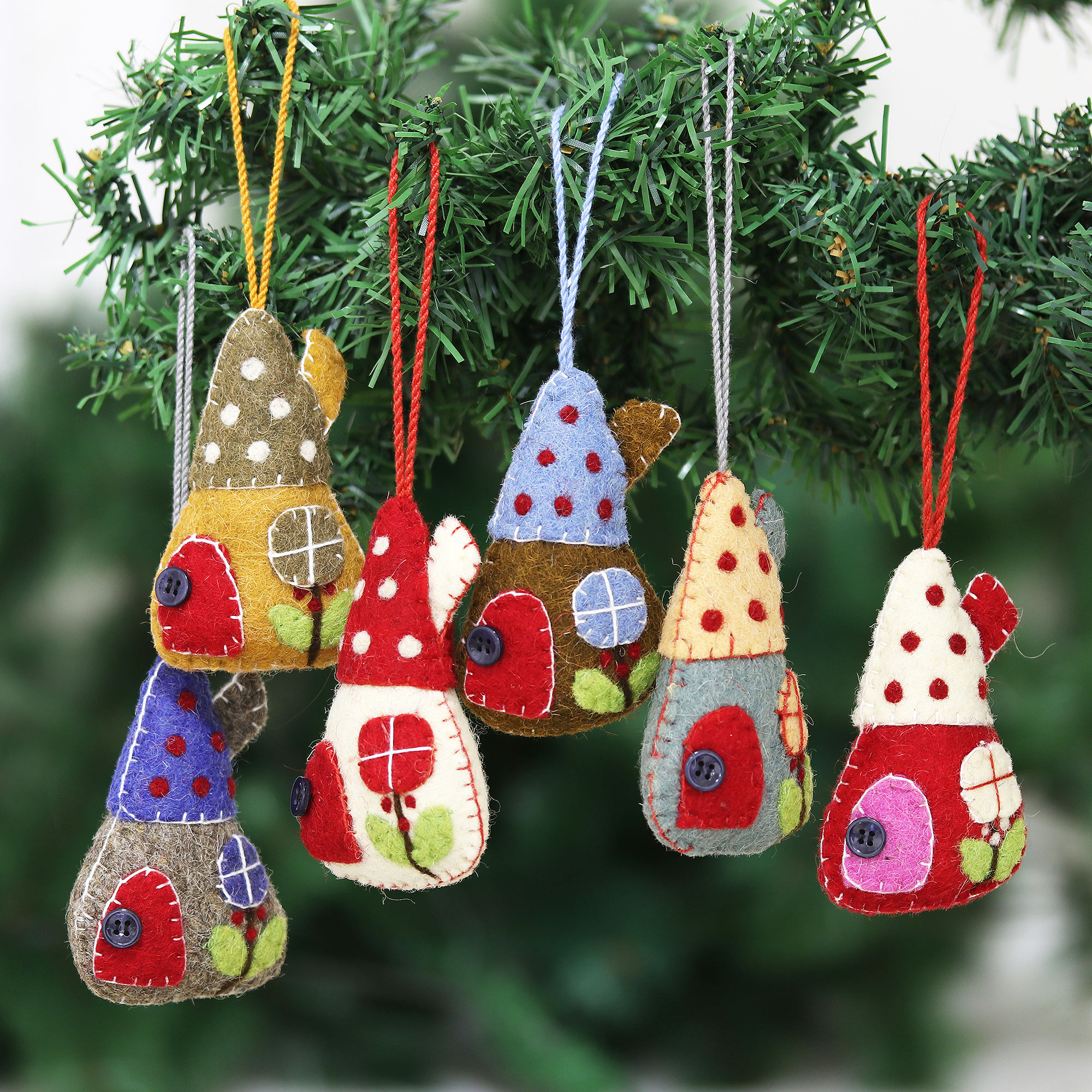 Whimsical Felt House Ornaments (Set of 6) - Holiday Homes