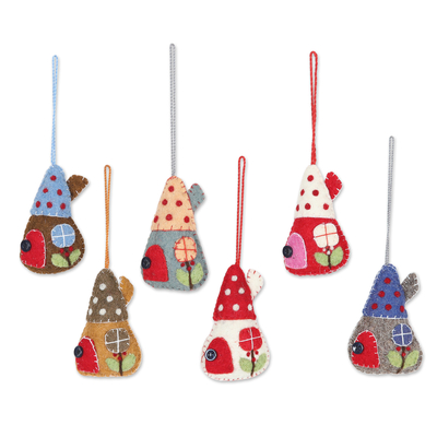 Wool felt ornaments, 'Holiday Homes' (set of 6) - Whimsical Felt House Ornaments (Set of 6)