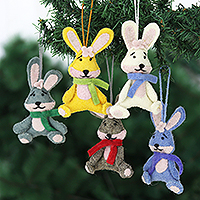 Wool felt ornaments, 'Bunny Greetings' (set of 5)