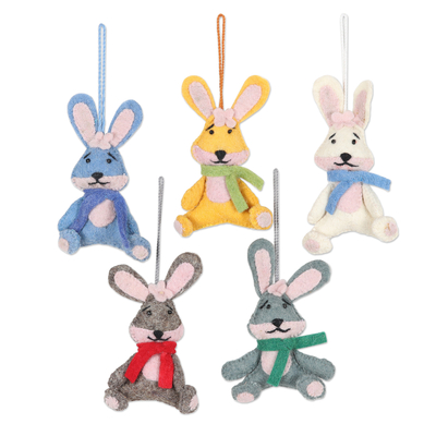 Wool felt ornaments, 'Bunny Greetings' (set of 5) - Assorted Felt Bunny Ornaments (Set of 5)