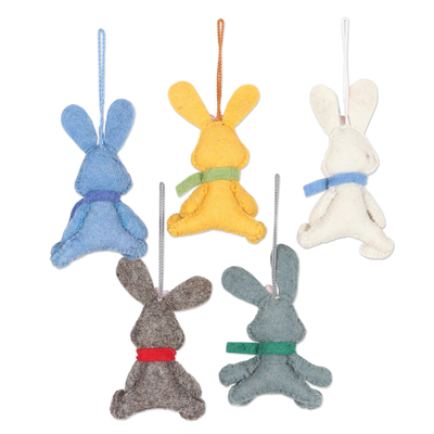 Wool felt ornaments, 'Bunny Greetings' (set of 5) - Assorted Felt Bunny Ornaments (Set of 5)