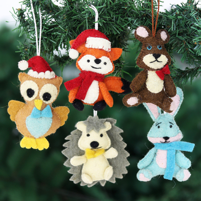Wool felt ornaments, 'Woodlands Cheer' (set of 5) - Woodland Animal Ornaments (Set of 5)