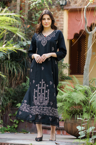 Embroidered cotton sheath dress, Midnight Bliss