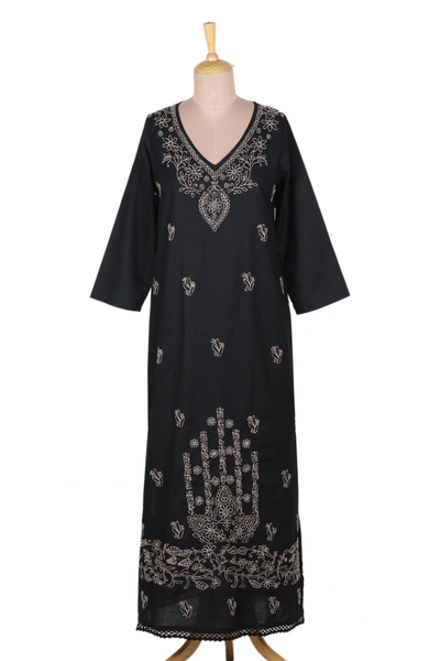 Embroidered cotton sheath dress, 'Midnight Bliss' - Cotton Maxi Dress with Chikankari Hand Embroidery