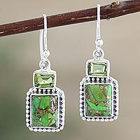 Pendientes colgantes de peridoto, 'Blissful Evening in Green' - Pendientes colgantes de plata de ley india y peridoto