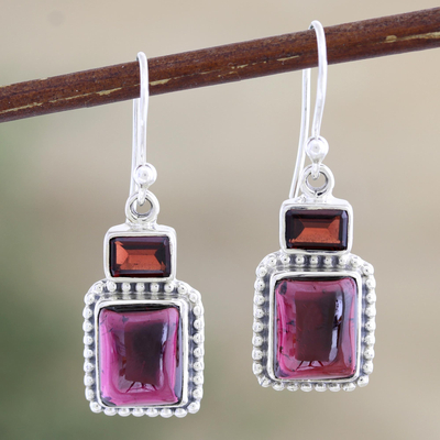 Garnet dangle earrings, 'Blissful Evening in Red' - Indian Sterling Silver and Garnet Dangle Earrings