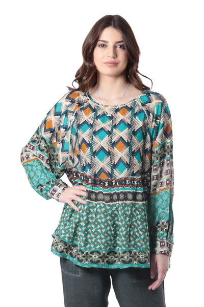 Embroidered Viscose Blouse with Geometric Print - Blast From the Past ...