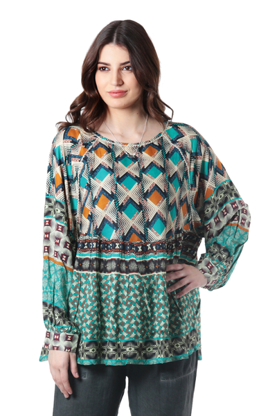 Embroidered viscose blouse, 'Blast From the Past' - Embroidered Viscose Blouse with Geometric Print