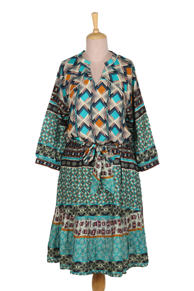 Embroidered viscose a-line dress, 'Blast From the Past' - Embroidered Viscose A-Line Dress with Geometric Print
