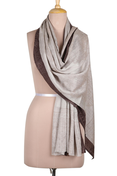 Hand-woven wool shawl, 'Grey Glamour' - Hand-Woven Wool Shawl with Floral Motif