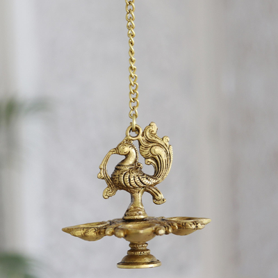 Brass hanging decorative accent, 'Peacock Glow' - Hanging Brass Peacock-Themed Decorative Accent