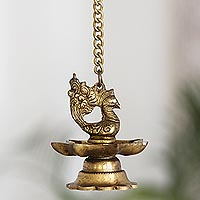Brass hanging decorative accent, 'Peacock Aura' - Artisan Crafted Hanging Brass Decor Accent
