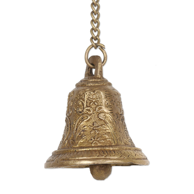 Brass home accent, 'Floral Chime' - Artisan Crafted Hanging Brass Bell from India