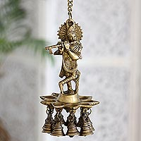 Brass hanging decorative accent, 'Krishna's Song' - Hanging Krishna Home Accent from India