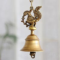 Brass home accent, 'Auspicious Peacock' - Hanging Brass Peacock-Themed Bell from India