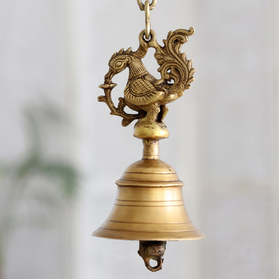 Indian traditional Peacock Brass Hanging Bells 3.7 x 3.7 x 34 Inch