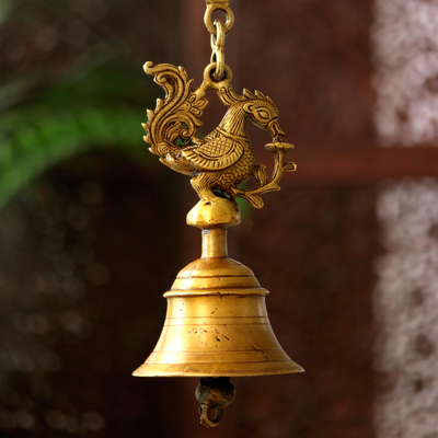 Traditional Brass Temple Bells With Peacock for Home Decor Brass