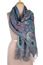 Hand-embroidered wool shawl, 'Icy Paisley' - Hand-Embroidered Wool Shawl with Paisley Motif
