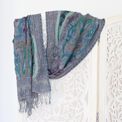 Hand-embroidered wool shawl, 'Icy Paisley' - Hand-Embroidered Wool Shawl with Paisley Motif