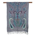Hand-embroidered wool shawl, 'Icy Paisley' - Hand-Embroidered Wool Shawl with Paisley Motif