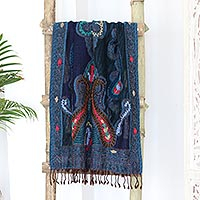 Hand-embroidered wool shawl, 'Paisley Dreams' - Hand-Embroidered Midnight Blue Wool Shawl