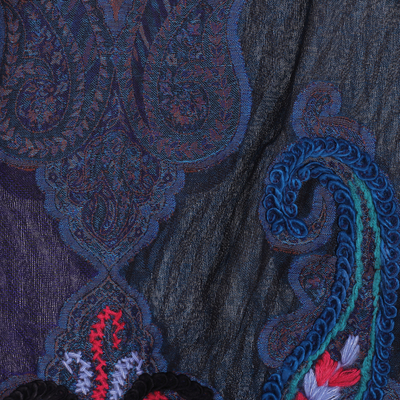 Mantón de lana bordado a mano, 'Paisley Dreams' - Mantón de lana azul medianoche bordado a mano