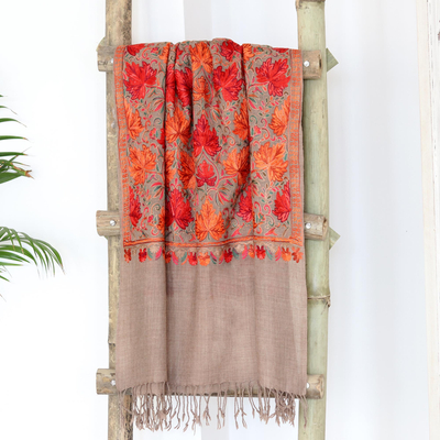 Chain-stitched wool shawl, 'Chinar Garden' - Chain-Stitched Wool Shawl with Garden Motif