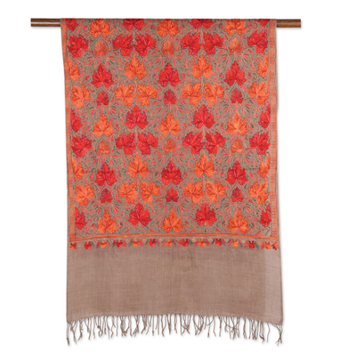 Chain-stitched wool shawl, 'Chinar Garden' - Chain-Stitched Wool Shawl with Garden Motif