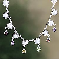 Multi-gemstone pendant necklace, 'Cascading Rainbow' - Cultured Freshwater Pearl and Amethyst Pendant Necklace