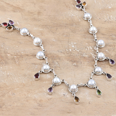 Collar con colgante de múltiples piedras preciosas - Collar con colgante de perla cultivada de agua dulce y amatista