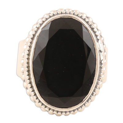Onyx cocktail ring, 'Midnight Gloss' - Unisex Sterling Silver and Onyx Cocktail Ring