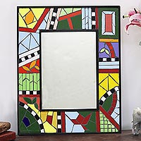 Espejo de pared de mosaico de cerámica, 'Artefacto moderno' - Espejo de pared de mosaico de cerámica inspirado en el arte moderno