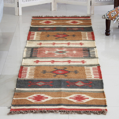 Hand-woven wool area rug, 'Starry Celebration' (2.5x5) - Hand-Woven Wool Area Rug with Cotton Fringe (2.5x5)