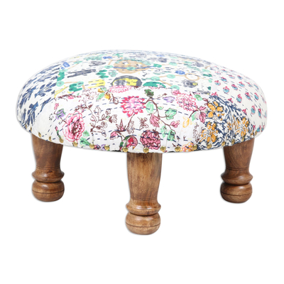 Upholstered ottoman footstool, 'Party Confetti' - Upholstered Cotton and Wood Footstool