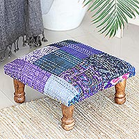 Upholstered ottoman footstool, 'Violet Patchwork' - Hand-Embroidered Patchwork Ottoman Footstool
