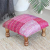 Upholstered ottoman footstool, 'Pink Patches' - Pink Upholstered Ottoman Footstool from India