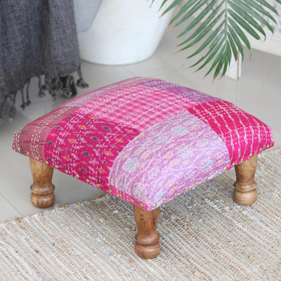 Upholstered ottoman footstool, 'Pink Patches' - Pink Upholstered Ottoman Footstool from India